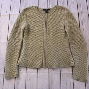 ELENA SOLANO‎ 100% Cashmere Sage Olive Basket Weave Cardigan Sweater Size Small